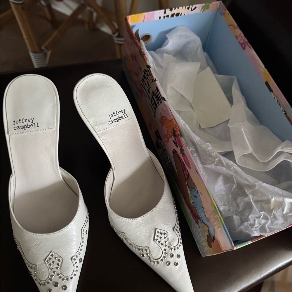 Jeffrey Campbell White Pointed Toe Heeled Mules with Stud Detail
